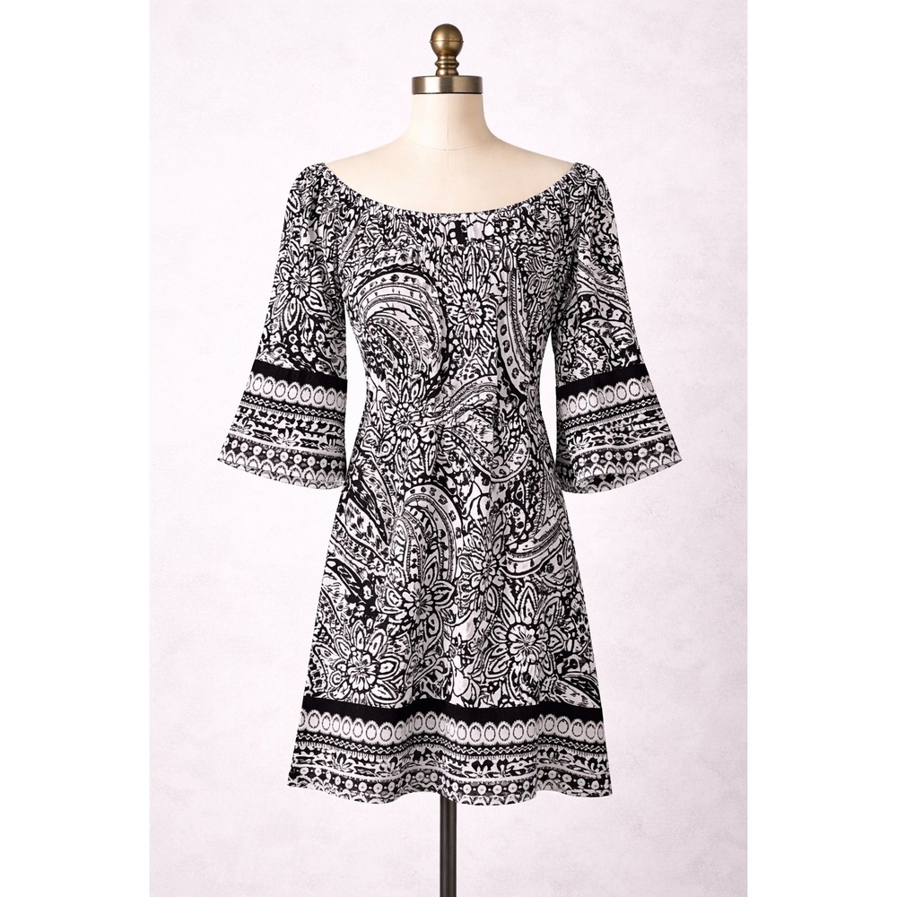 Umgee Black White Paisley Peasant Dress Small Boho Bell Sleeve Mini Festival Fun